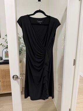 Black Cap-Sleeve Ruffle Wrap Midi Dress